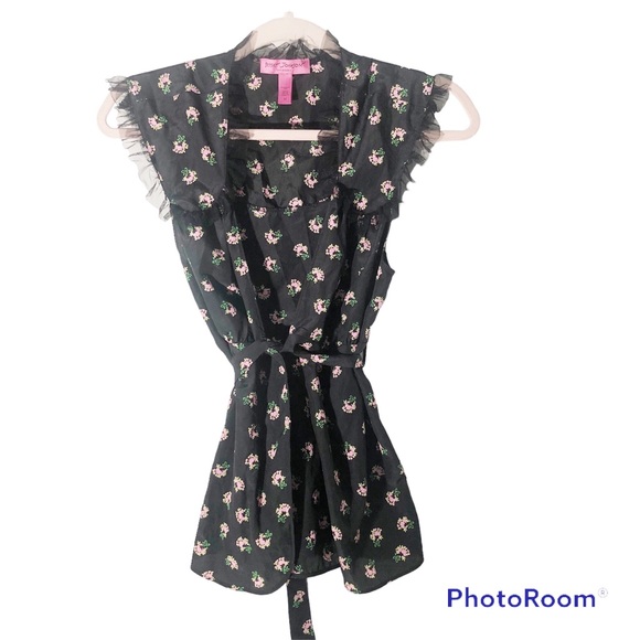 Betsey Johnson black floral silky open tie top - Picture 1 of 6